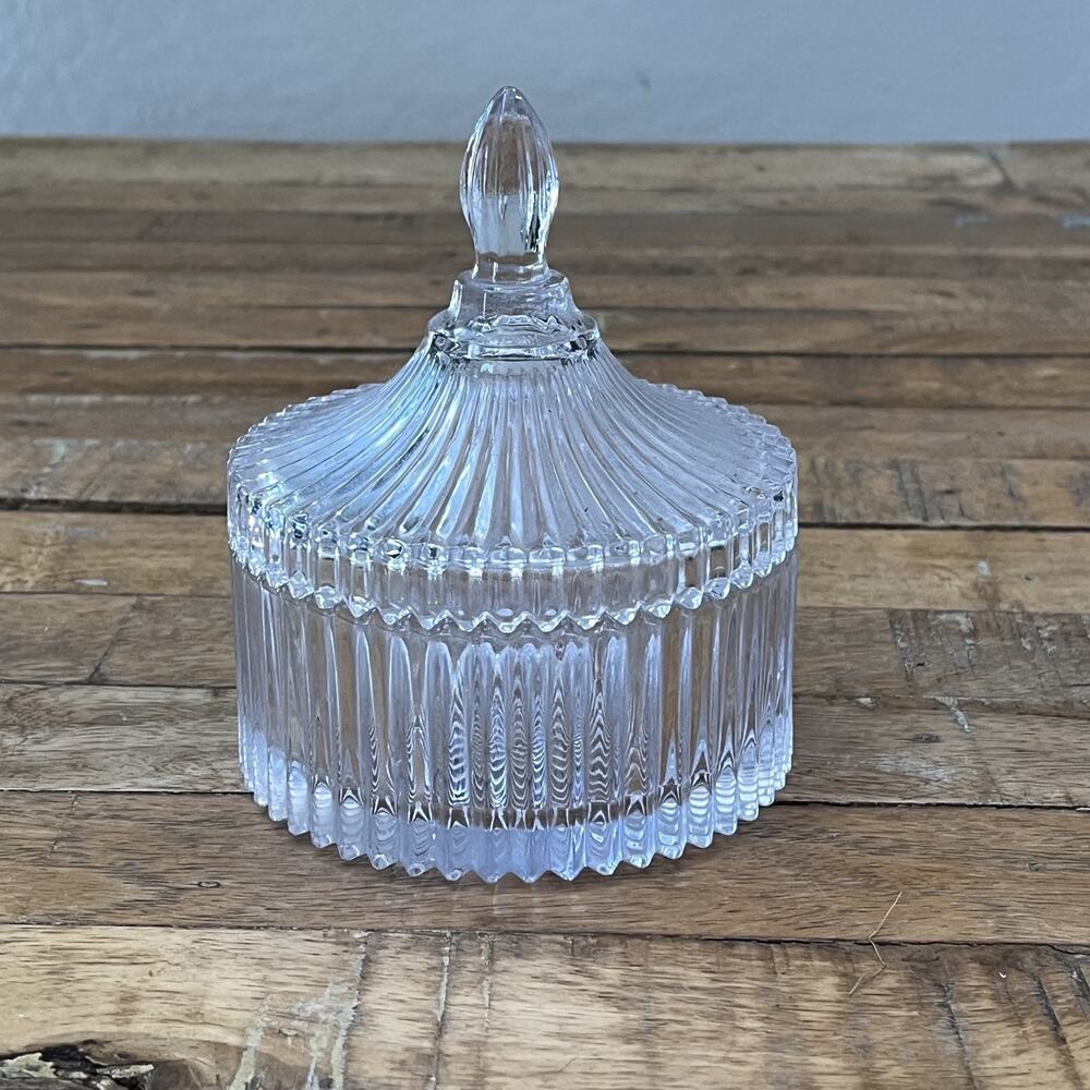 Mikasa Diamond Pleated Glass Covered Trinket Dish/Jar Collectible